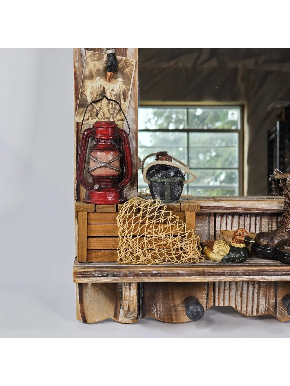 Rustic Hunting Fishing Wall Mirror Lodge Cabin Decor with Shelf and Hooks 19in